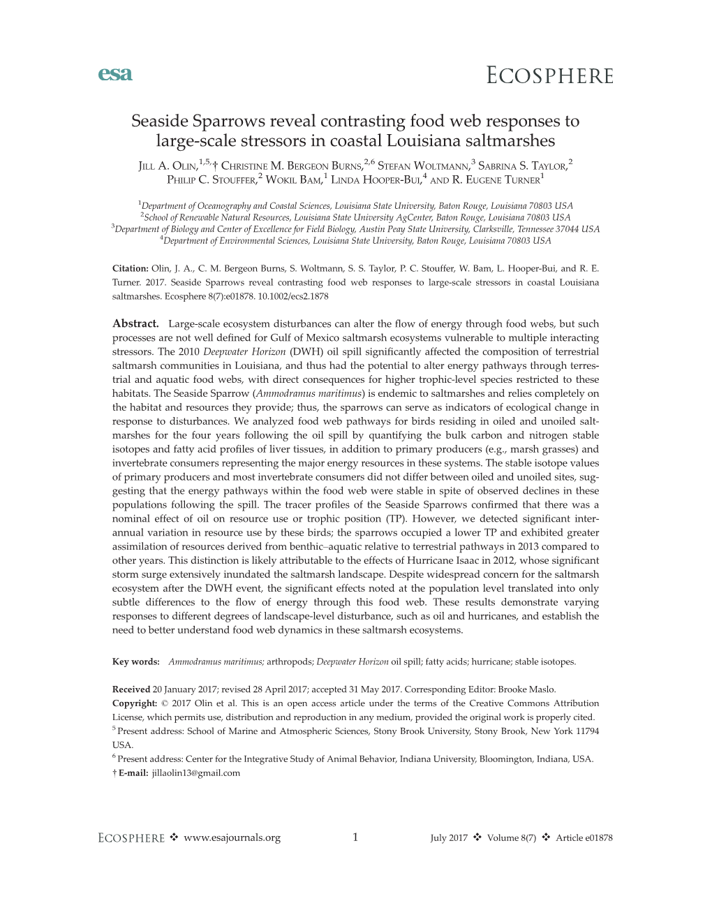 Seaside Sparrows Reveal Contrasting Food Web Responses to Large&#X26