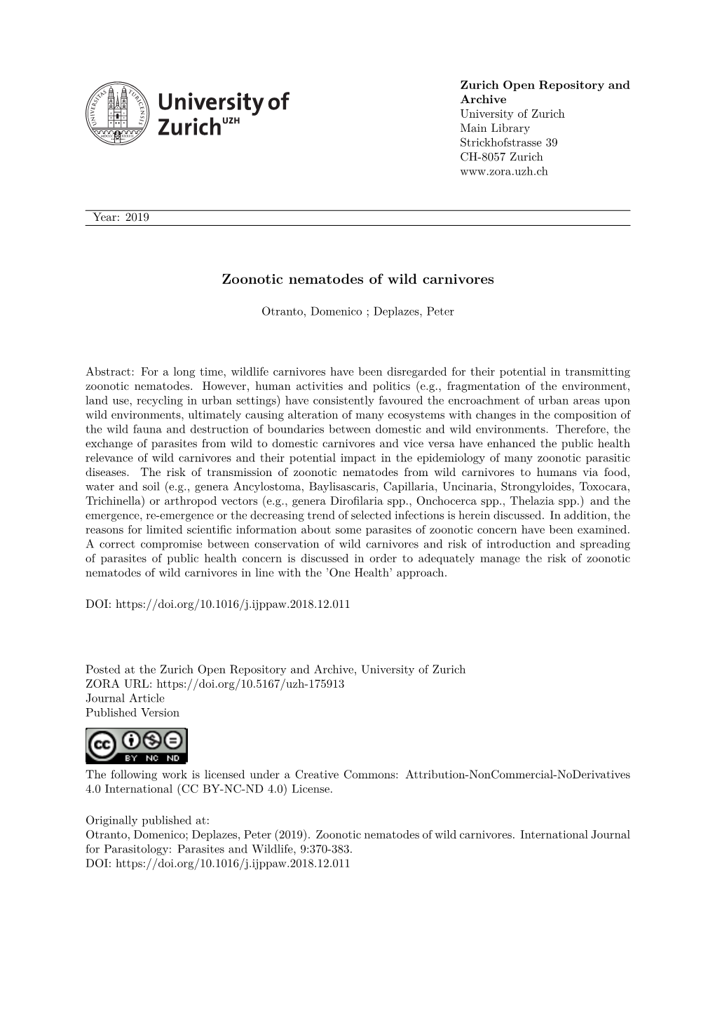 Zoonotic Nematodes of Wild Carnivores