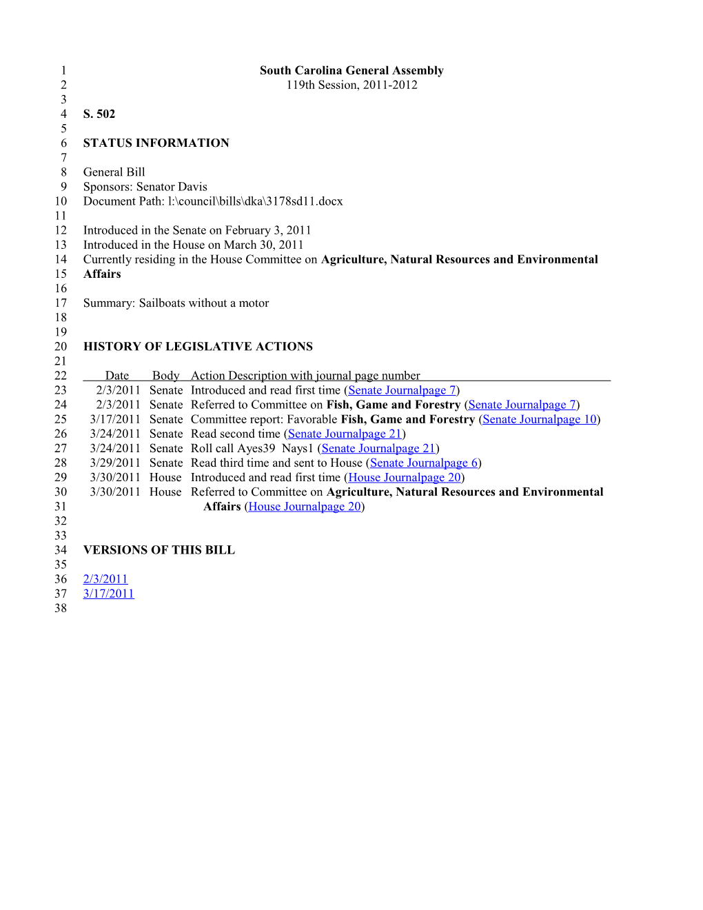 2011-2012 Bill 502: Sailboats Without a Motor - South Carolina Legislature Online