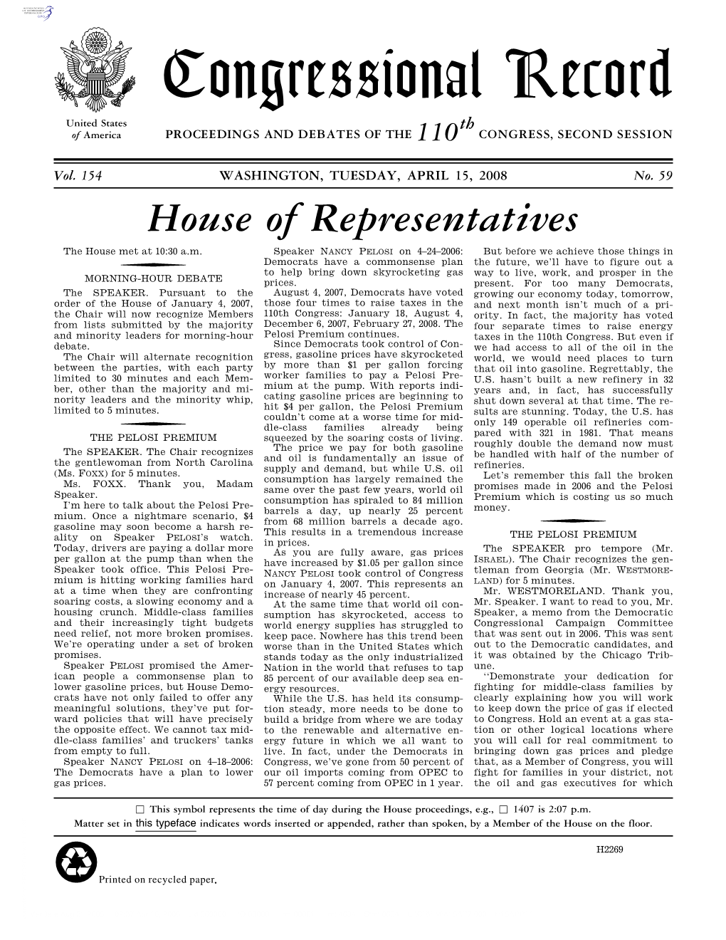 Congressional Record United States Th of America PROCEEDINGS and DEBATES of the 110 CONGRESS, SECOND SESSION