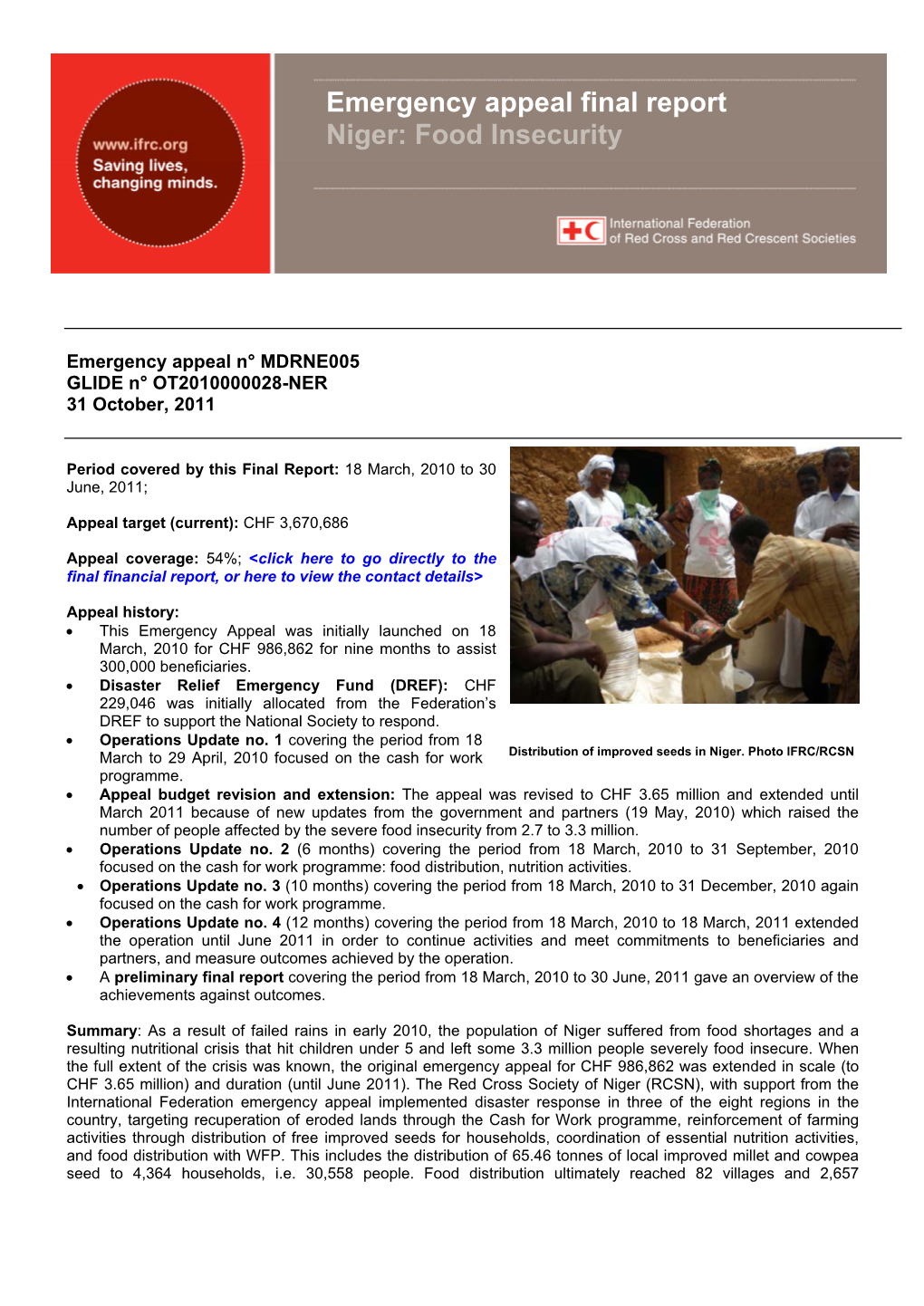 Emergency Appeal Final Report Niger: Food Insecurity