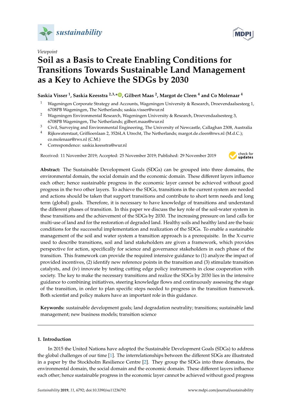 Soil As a Basis to Create Enabling Conditions for Transitions Towards Sustainable Land Management As a Key to Achieve the Sdgs by 2030