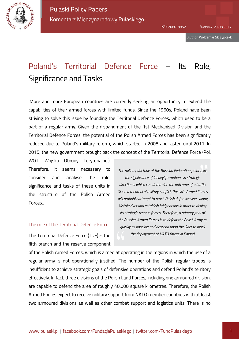 Poland's Territorial Defence Force – Its Role, Significance and Tasks