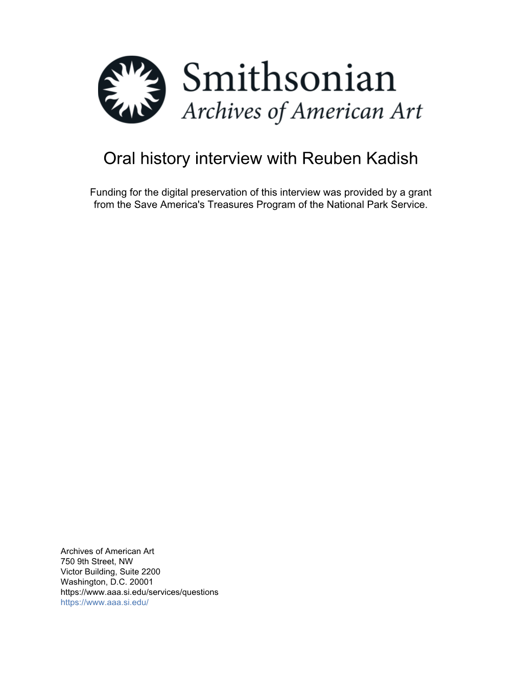 Oral History Interview with Reuben Kadish
