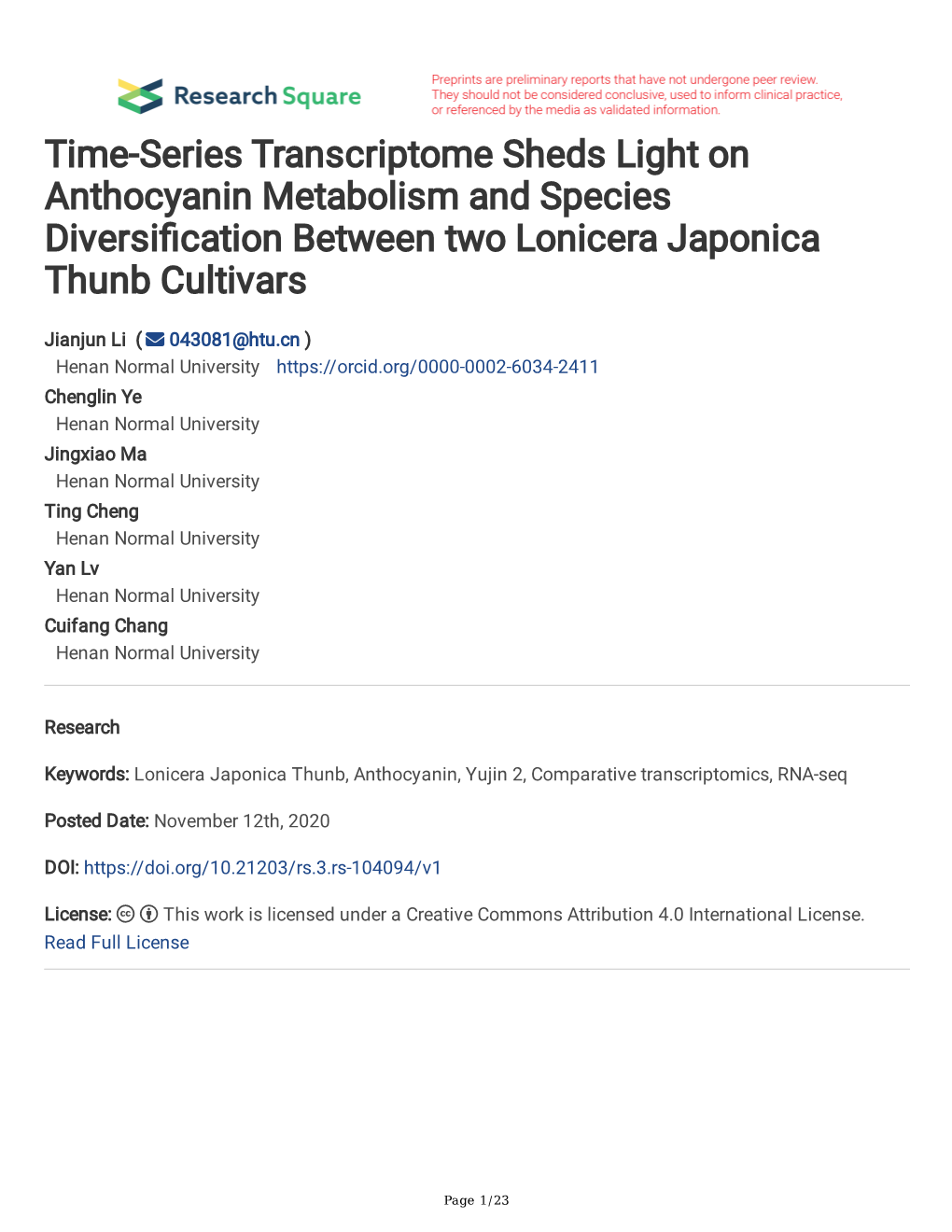 Time-Series Transcriptome Sheds Light on Anthocyanin Metabolism and Species Diversifcation Between Two Lonicera Japonica Thunb Cultivars