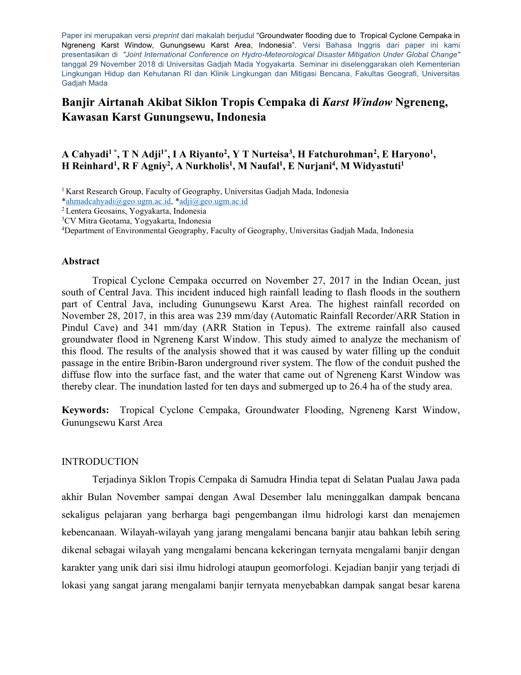 Banjir Airtanah Akibat Siklon Tropis Cempaka Di Karst Window Ngreneng, Kawasan Karst Gunungsewu, Indonesia