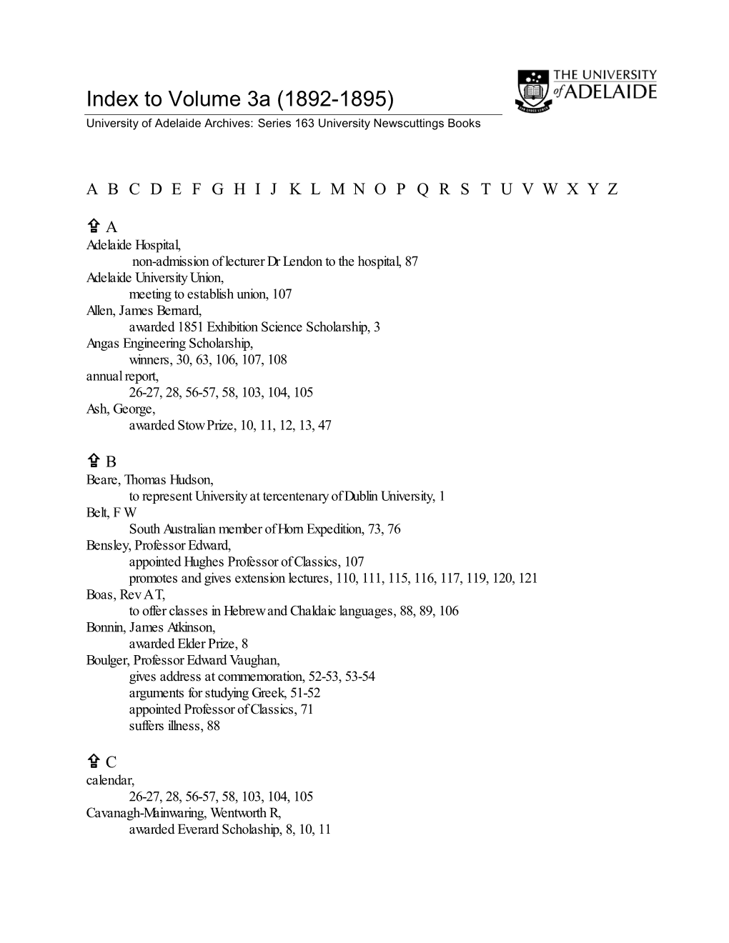 Index to Volume 3A (1892-1895) University of Adelaide Archives: Series 163 University Newscuttings Books