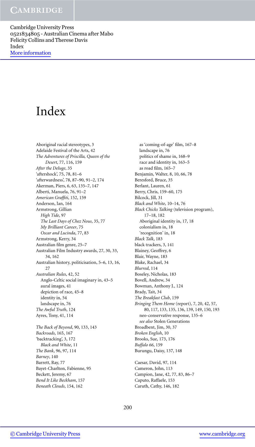 Australian Cinema After Mabo Felicity Collins and Therese Davis Index More Information