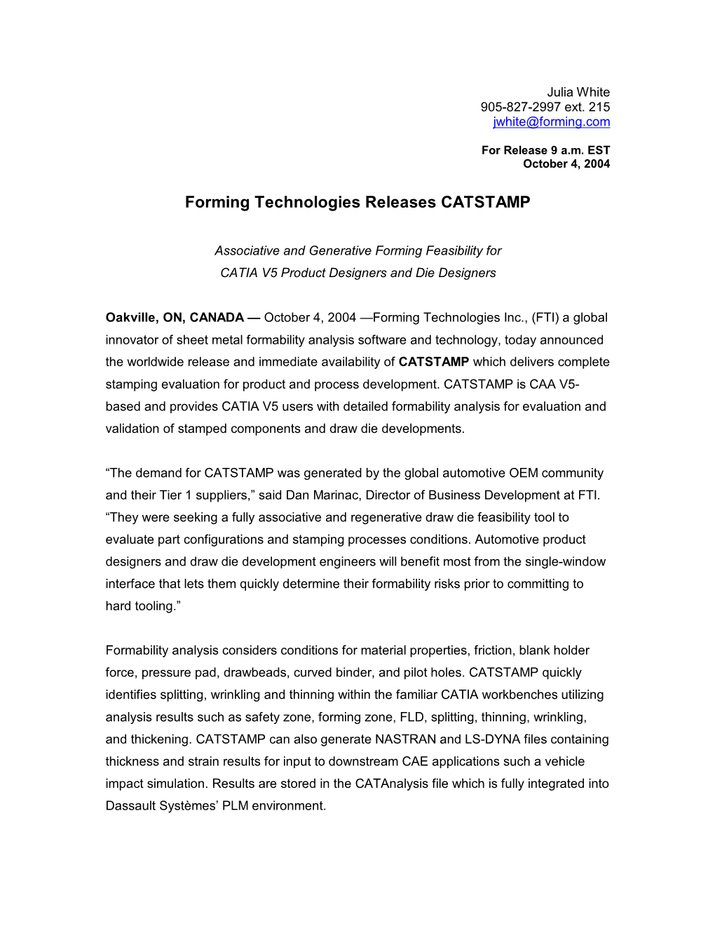 Forming Technologies Releases CATSTAMP