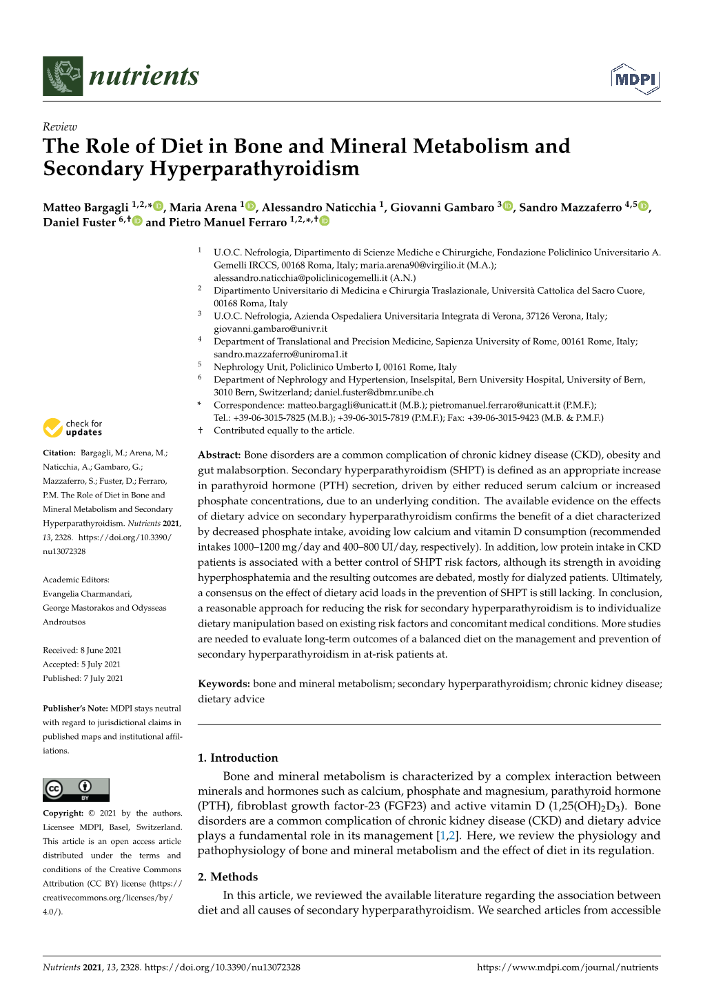 The Role of Diet in Bone and Mineral Metabolism and Secondary Hyperparathyroidism
