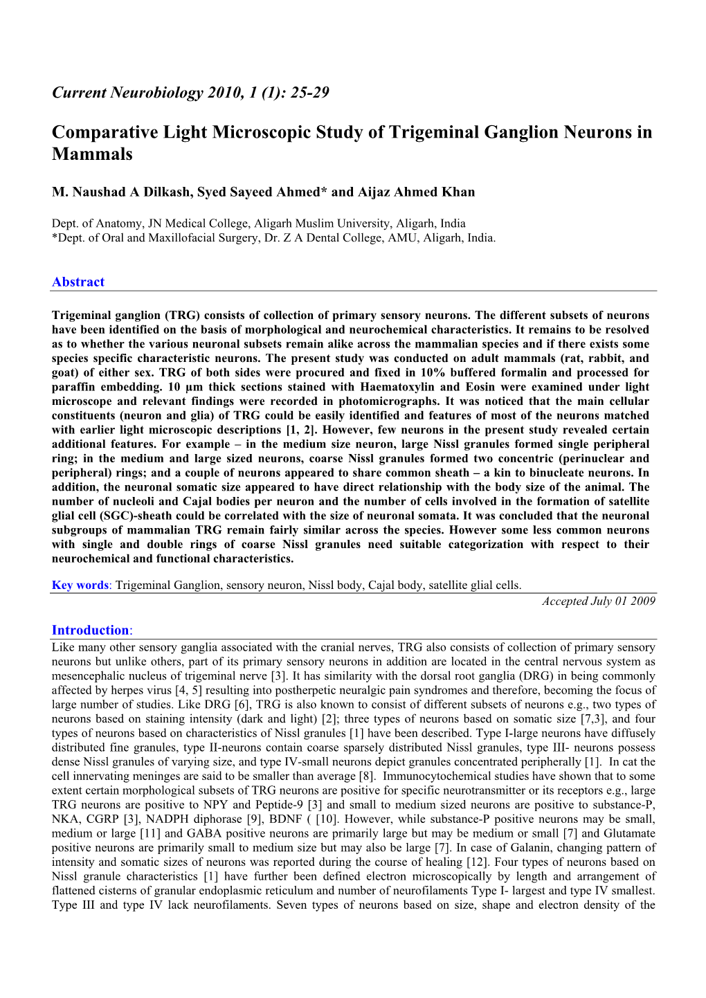 Comparative Light Microscopic Study of Trigeminal Ganglion Neurons in Mammals