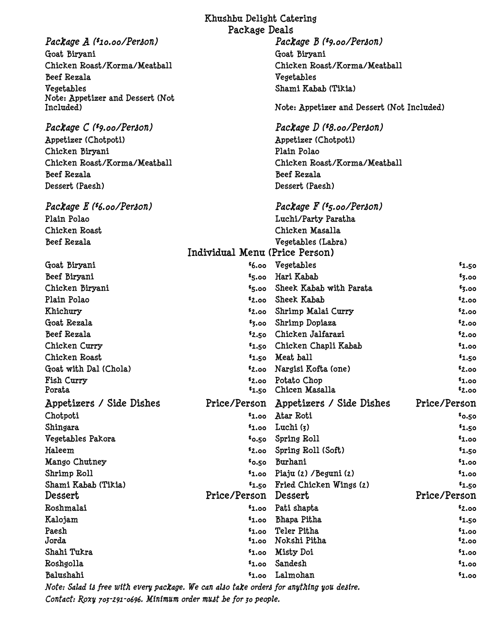 Khushbu Delight Catering Menu