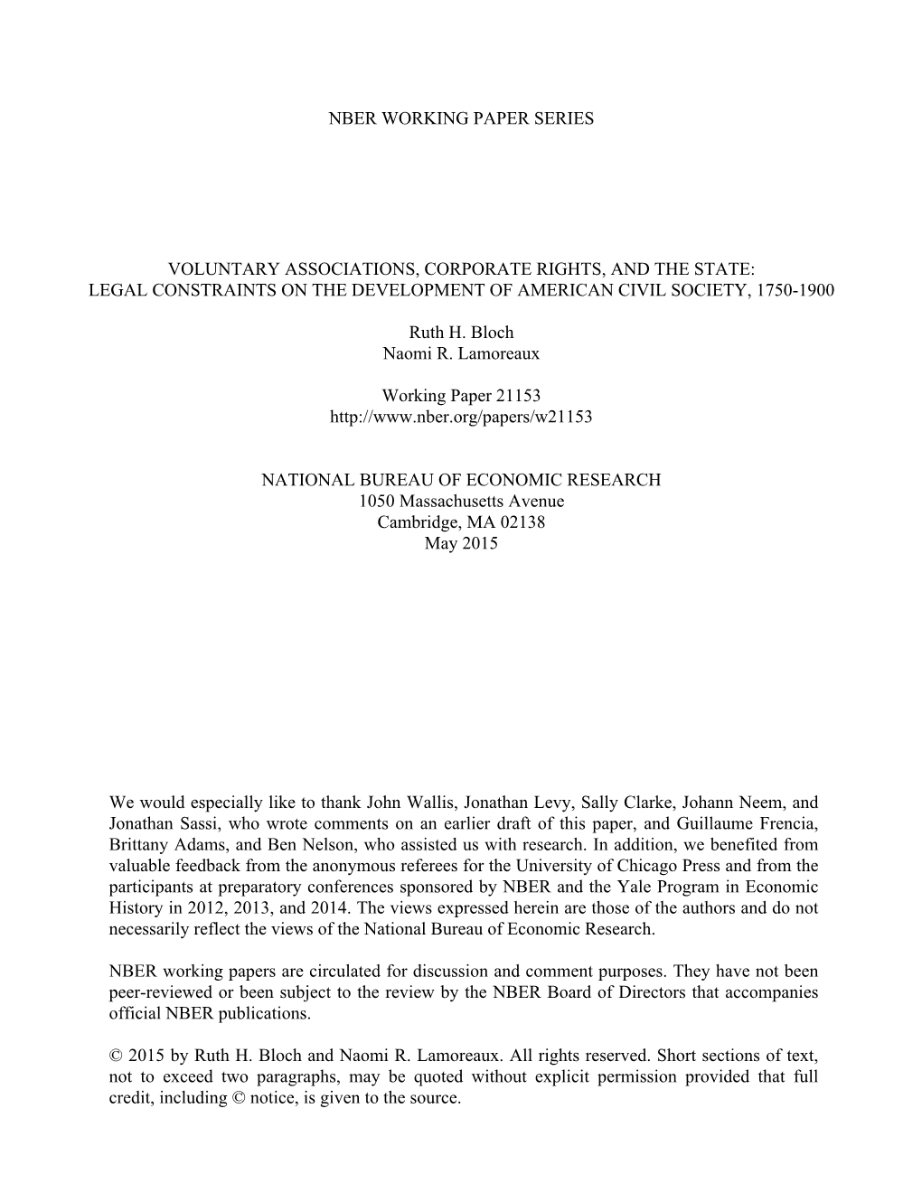 Voluntary Associations, Corporate Rights, and the State: Legal Constraints on the Development of American Civil Society, 1750-1900