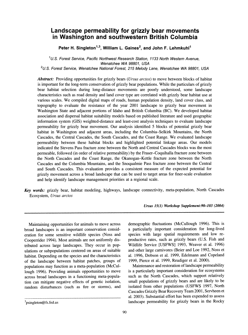 Landscape Permeability for Grizzly Bear Movements in Washington and Southwestern British Columbia