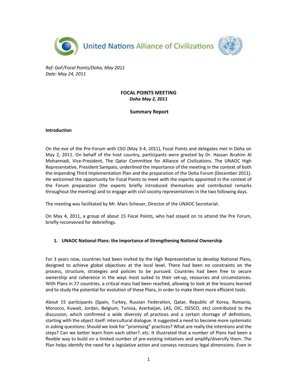 FOCAL POINTS MEETING Summary Report