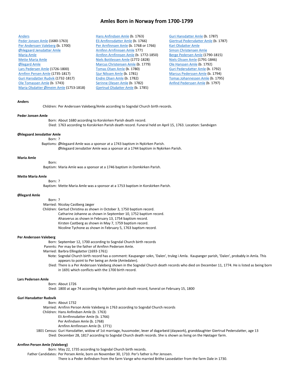 Amles Born in Norway from 1700-1799