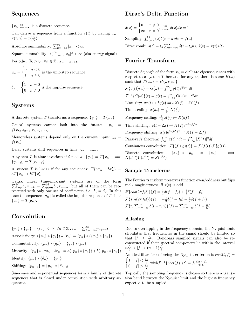 Sequences Systems Convolution Dirac's Delta Function Fourier