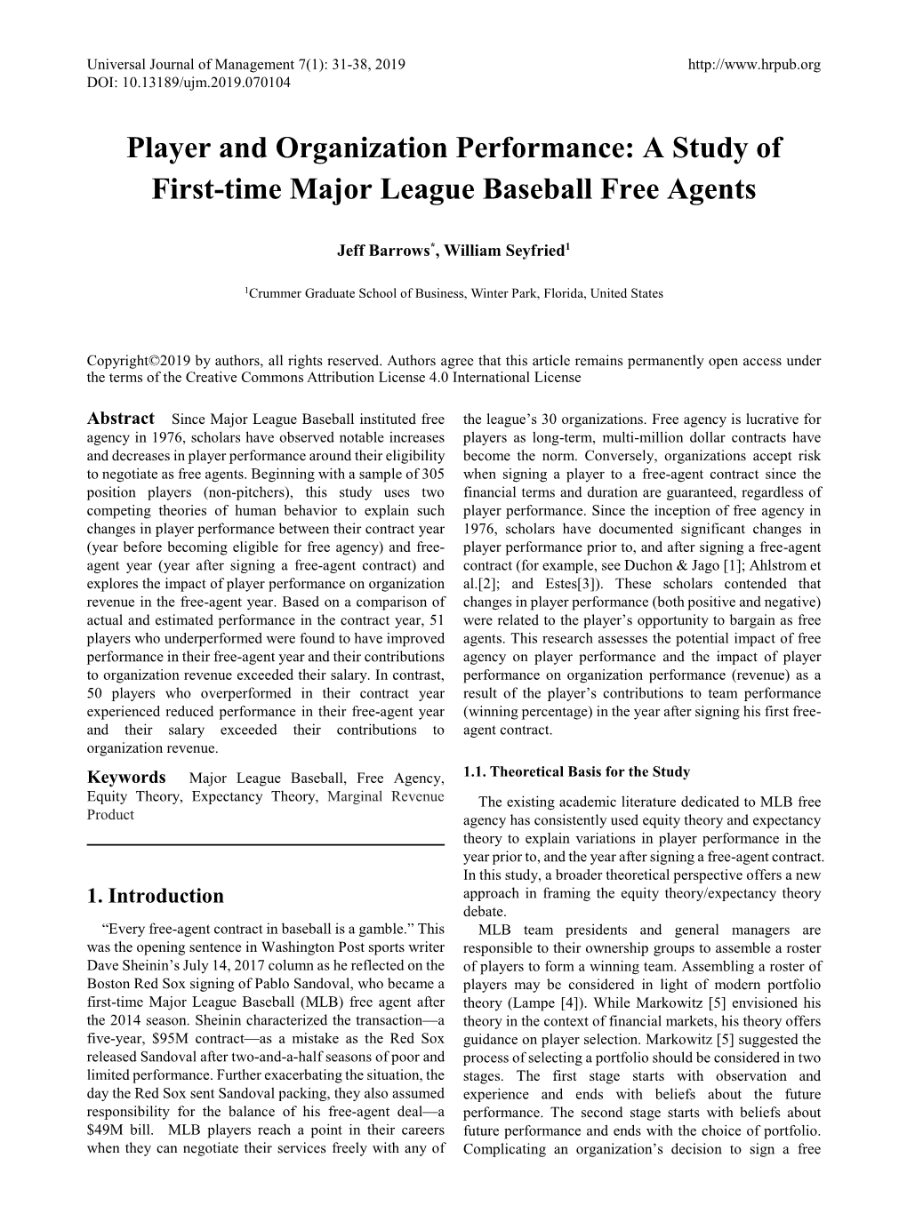 Player and Organization Performance: a Study of First-Time Major League Baseball Free Agents