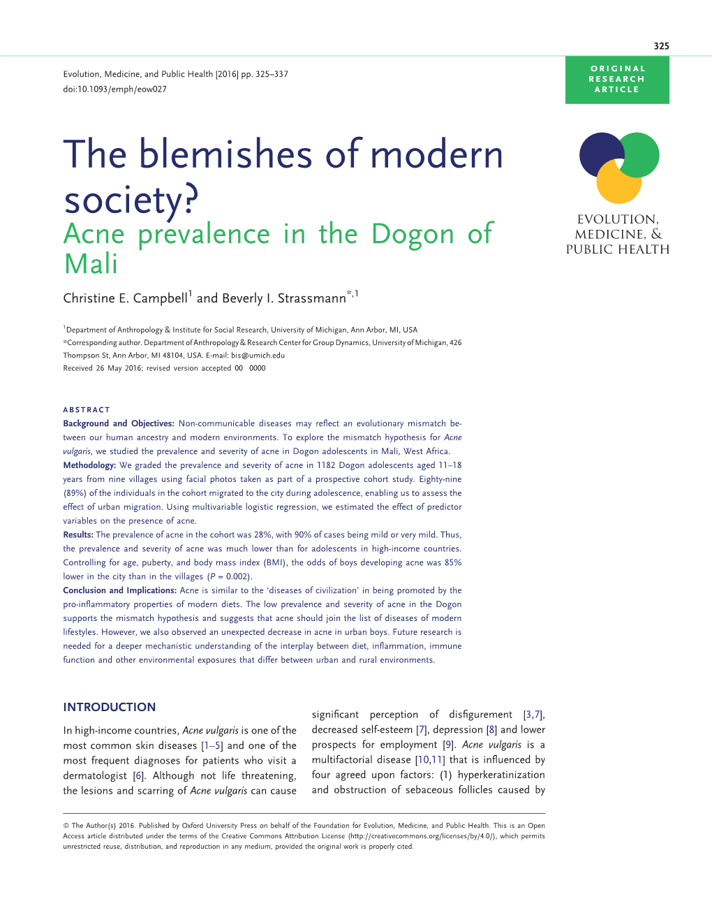 The Blemishes of Modern Society? Acne Prevalence in the Dogon of Mali Christine E