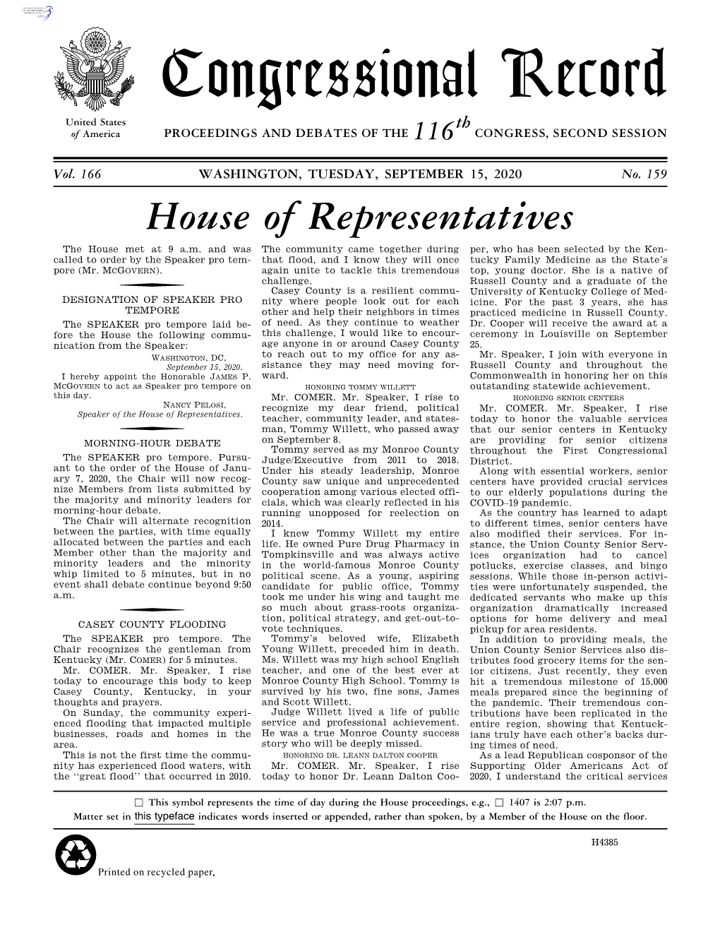 Congressional Record United States Th of America PROCEEDINGS and DEBATES of the 116 CONGRESS, SECOND SESSION