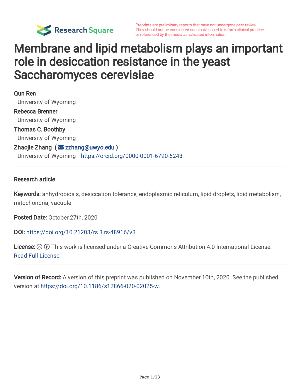 Membrane and Lipid Metabolism Plays an Important Role in Desiccation Resistance in the Yeast Saccharomyces Cerevisiae