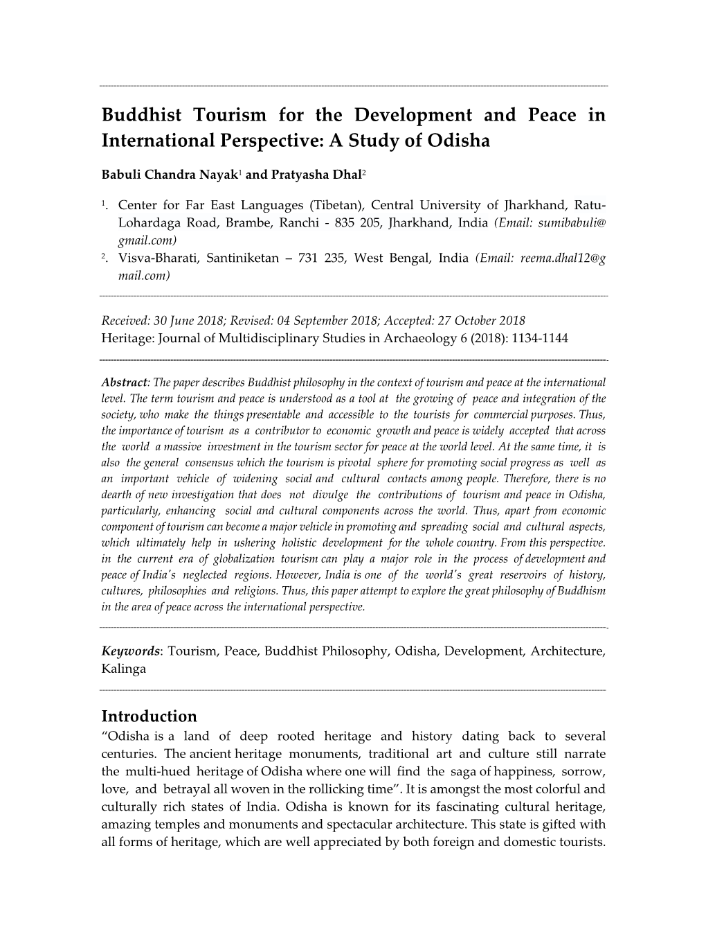 Buddhist Tourism for the Development and Peace in International Perspective: a Study of Odisha