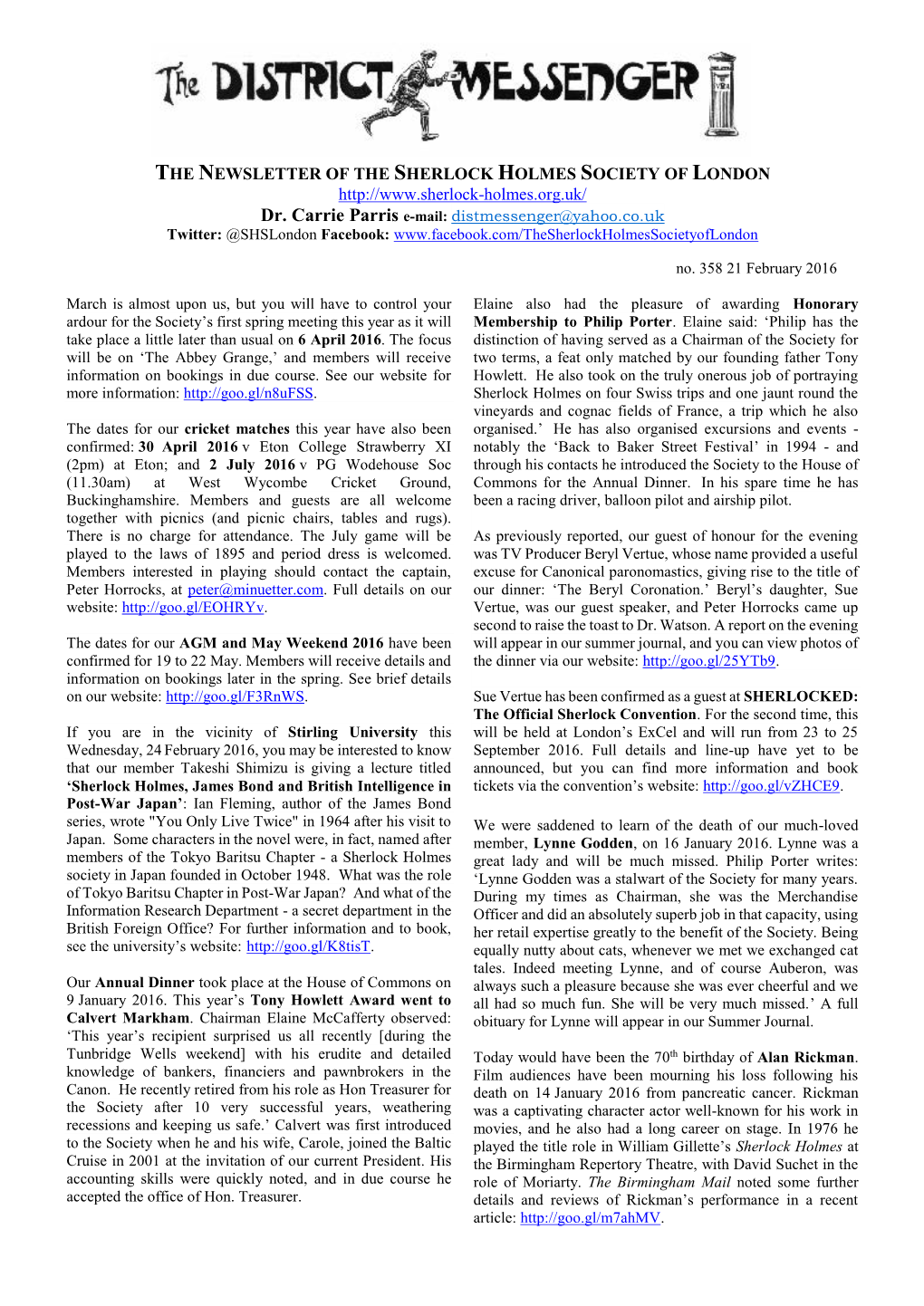 THE NEWSLETTER of the SHERLOCK HOLMES SOCIETY of LONDON Dr