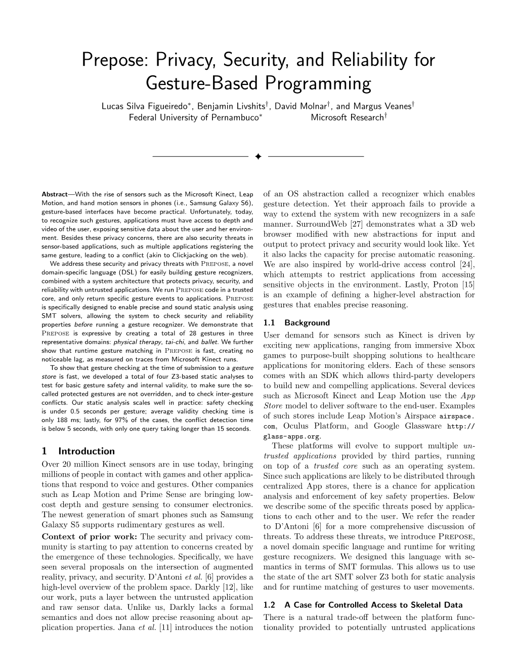 Prepose: Privacy, Security, and Reliability for Gesture-Based Programming