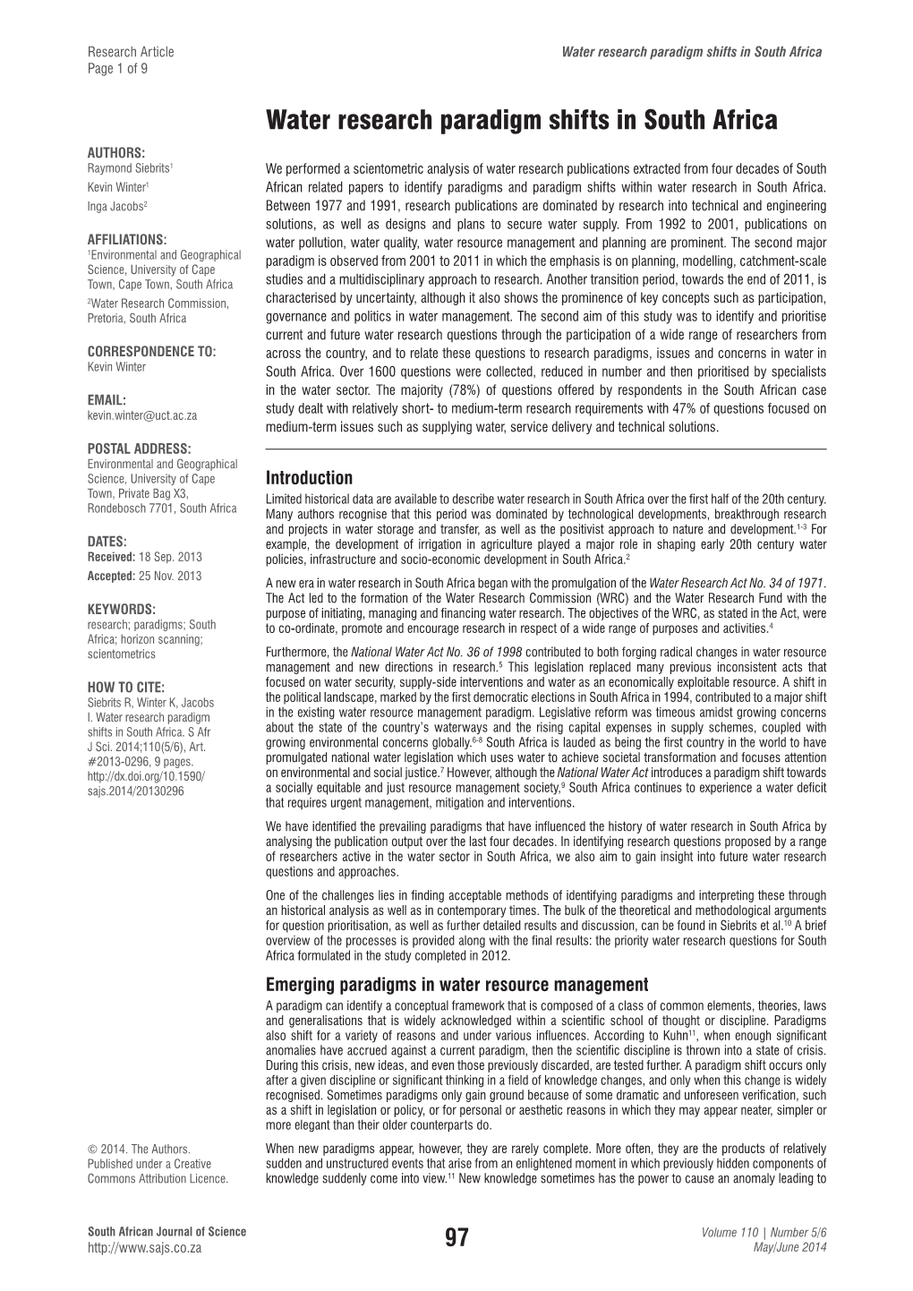 Water Research Paradigm Shifts in South Africa Page 1 of 9