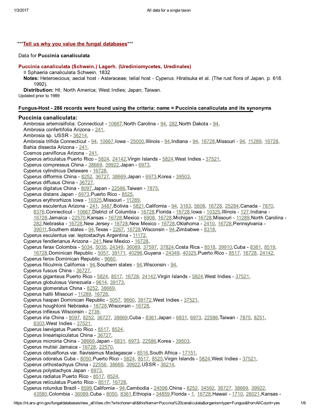 Puccinia Canaliculata: Ambrosia Artemisiifolia: Connecticut ­ 10667,North Carolina ­ 94, 282,North Dakota ­ 94, Ambrosia Confertifolia Arizona ­ 241, Ambrosia Sp