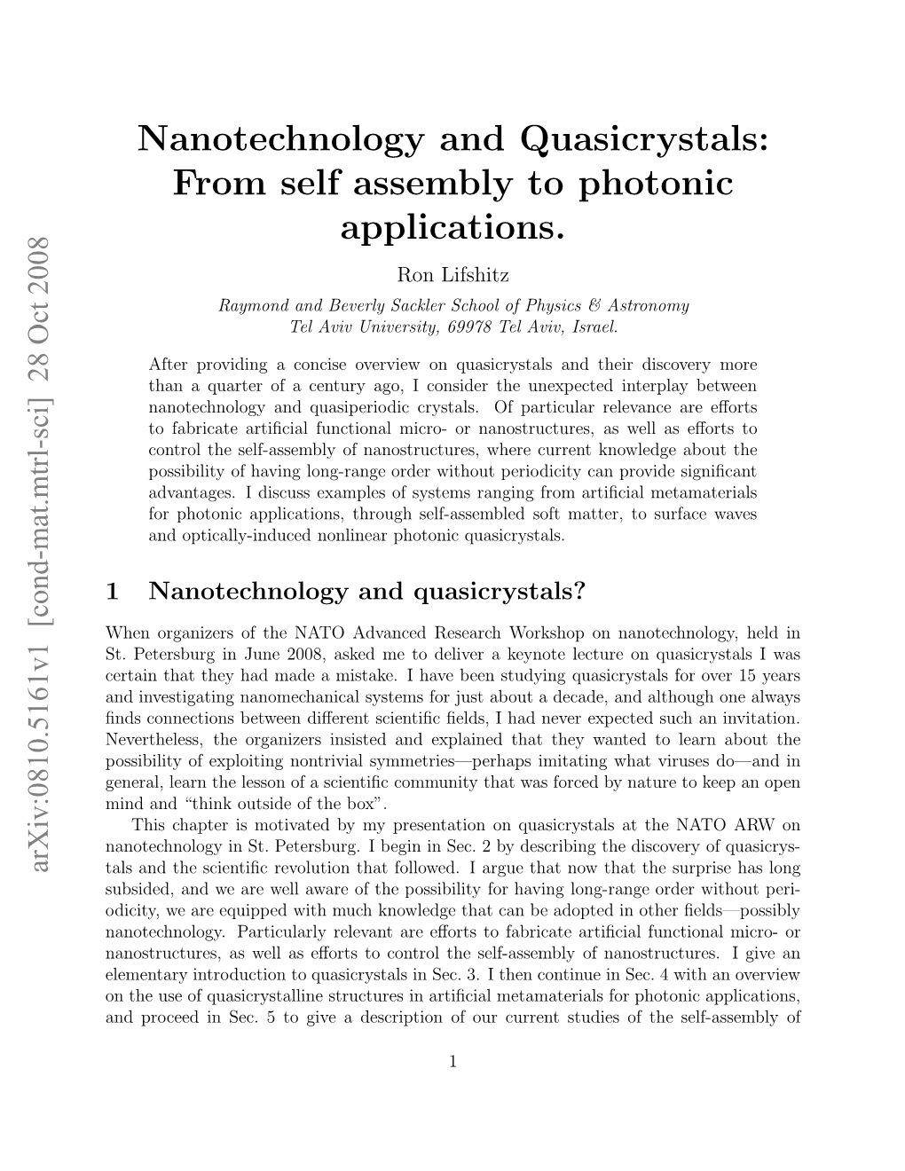 Nanotechnology and Quasicrystals: from Self Assembly to Photonic Applications