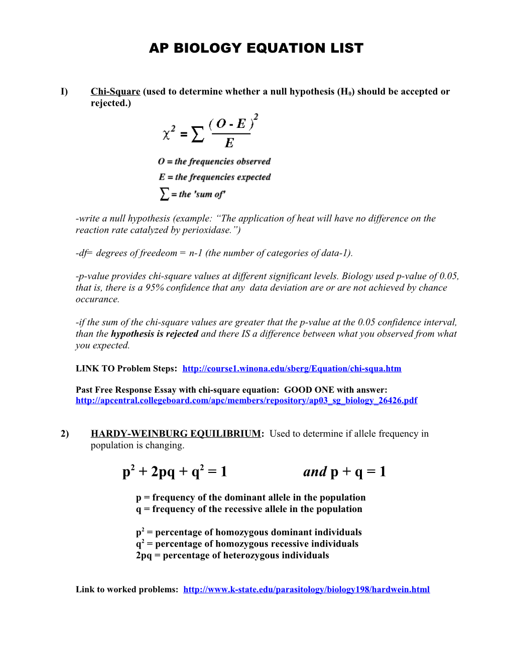 Ap Biology Equation List