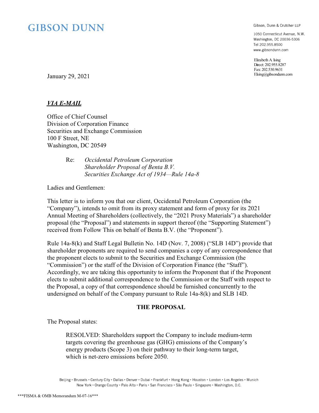 Occidental Petroleum Corporation Shareholder Proposal of Benta B.V