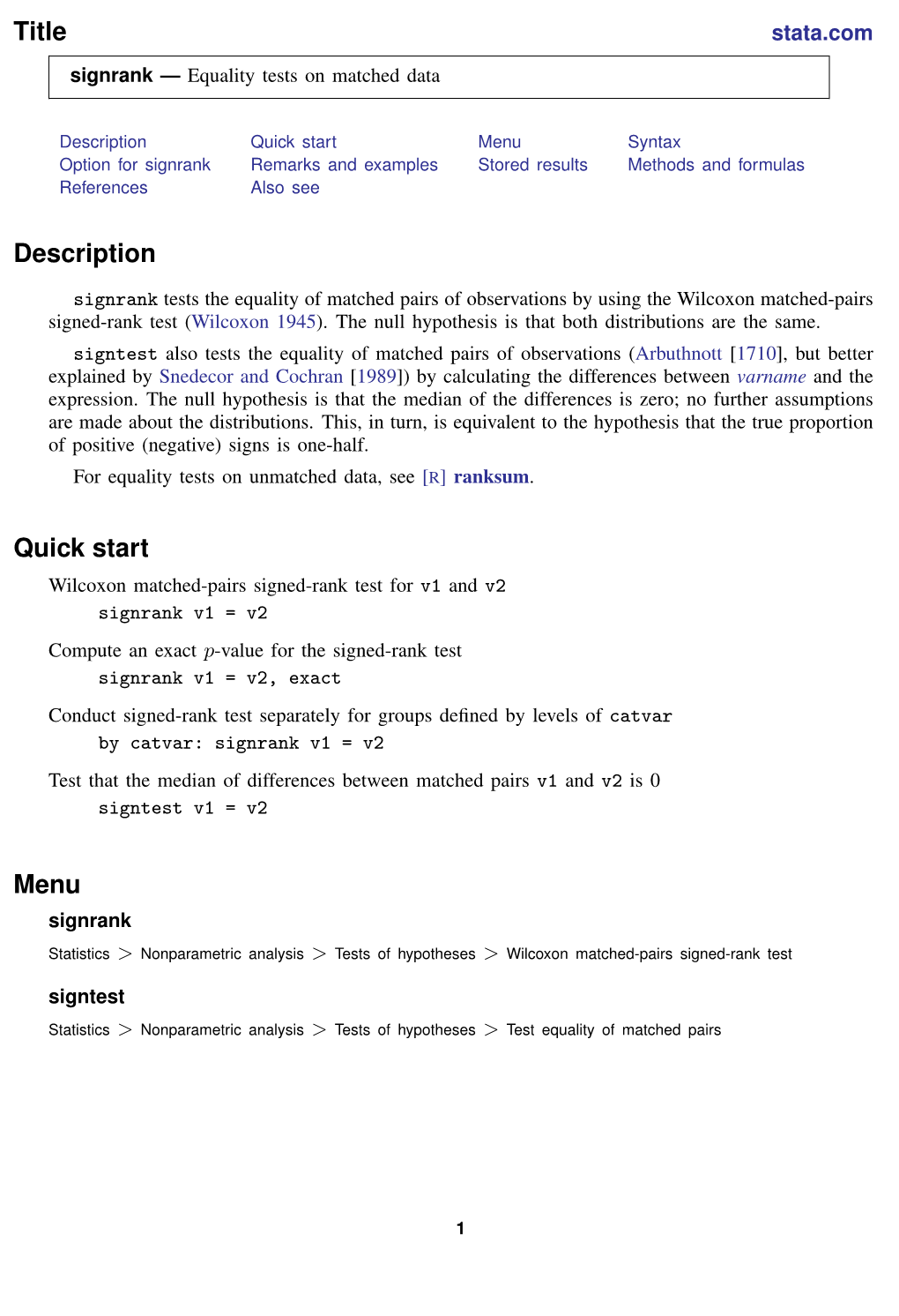 Signrank — Equality Tests on Matched Data