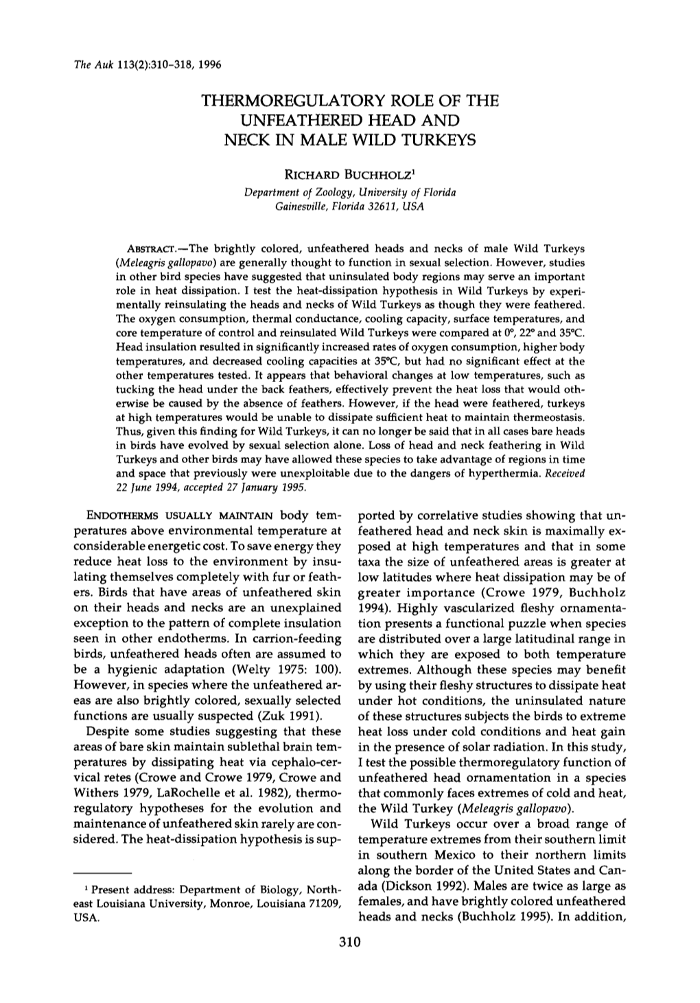 Thermoregulatory Role of the Unfeathered Head and Neck in Male Wild Turkeys