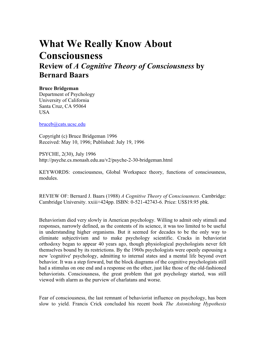 What We Really Know About Consciousness: Review of A