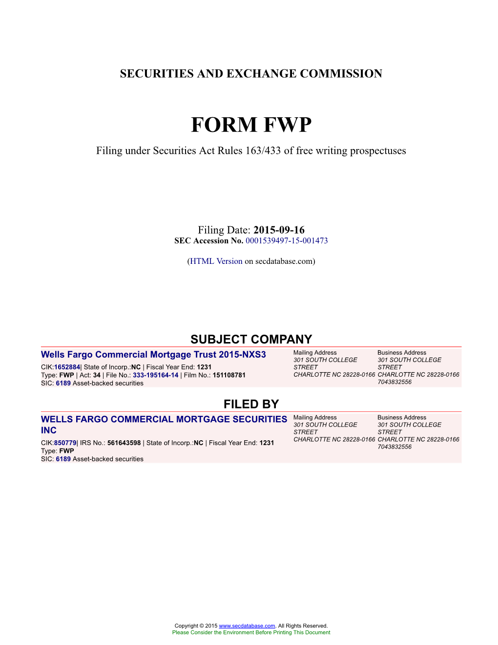 Wells Fargo Commercial Mortgage Trust 2015-NXS3 Form FWP Filed