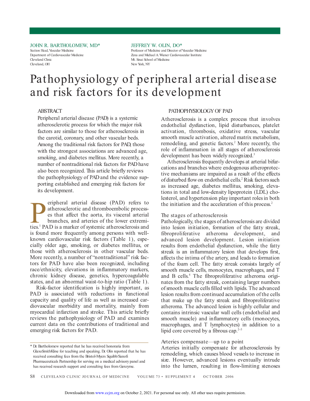 Pathophysiology of Peripheral Arterial Disease and Risk Factors for Its Development