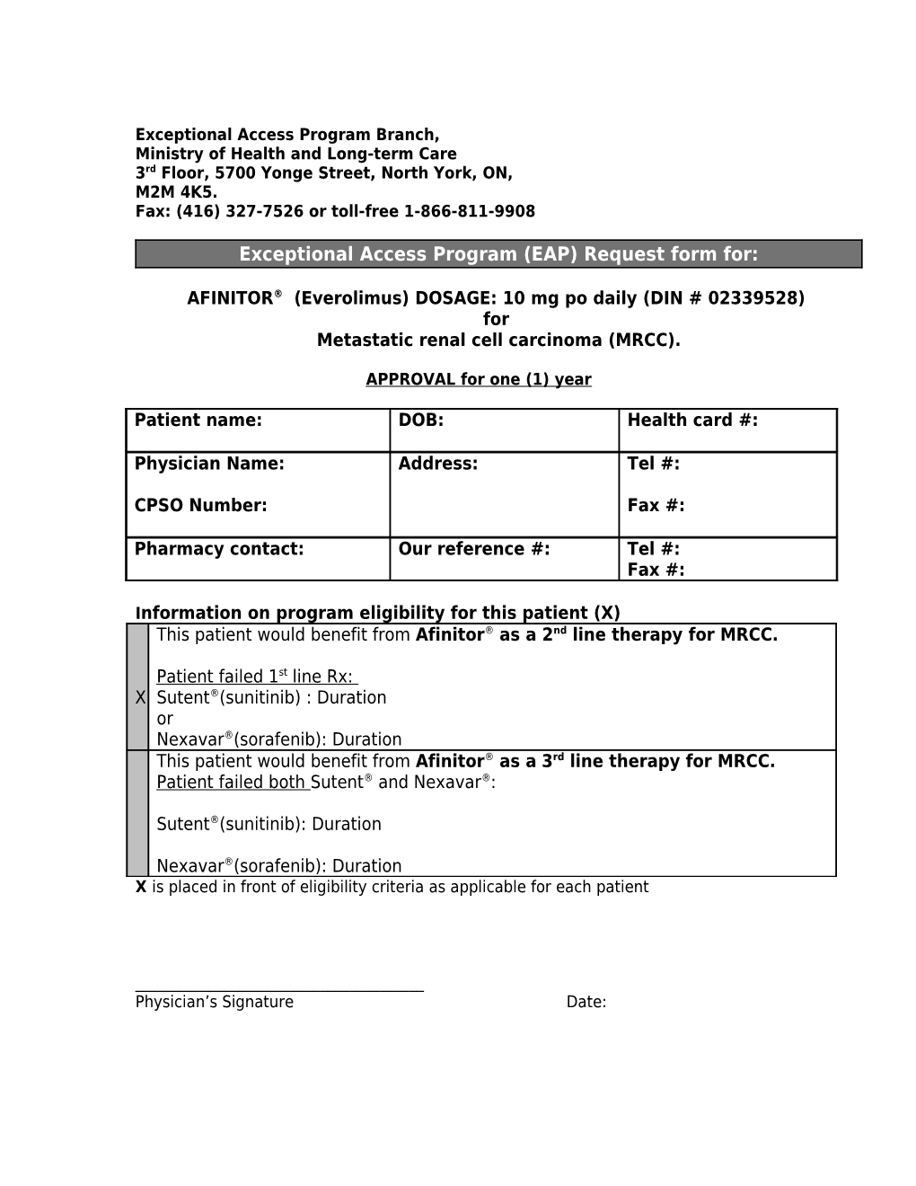 Request Form for Eprex (Epoetin Alfa) for the Treatment of Anemia Due to Mailgnant Cancer