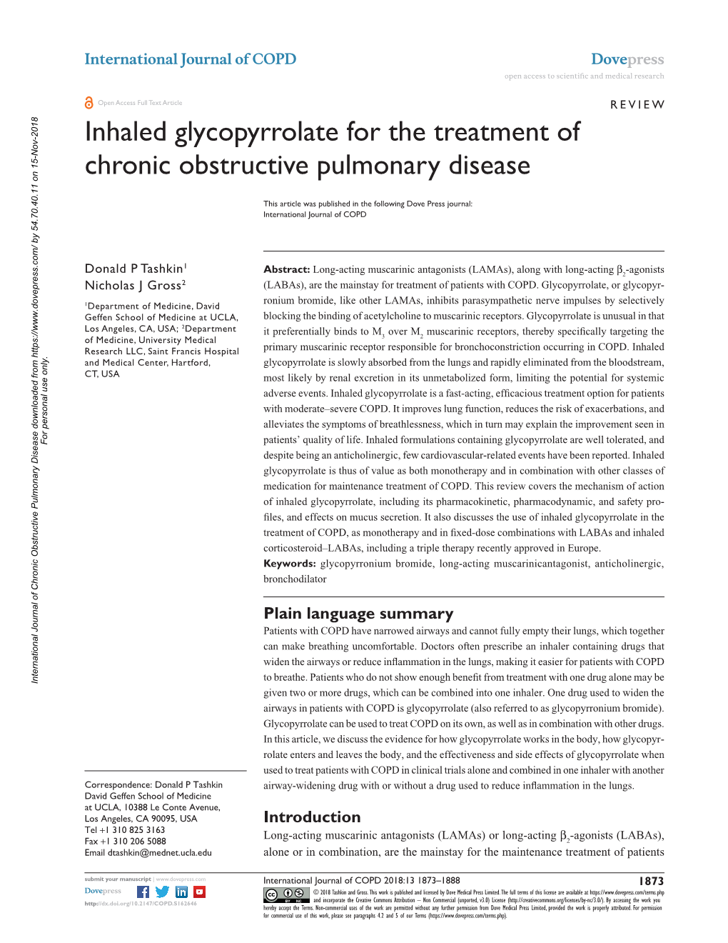 Inhaled Glycopyrrolate for the Treatment of Chronic Obstructive Pulmonary Disease