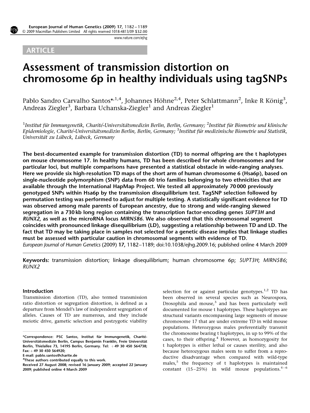 Assessment of Transmission Distortion on Chromosome 6P in Healthy Individuals Using Tagsnps
