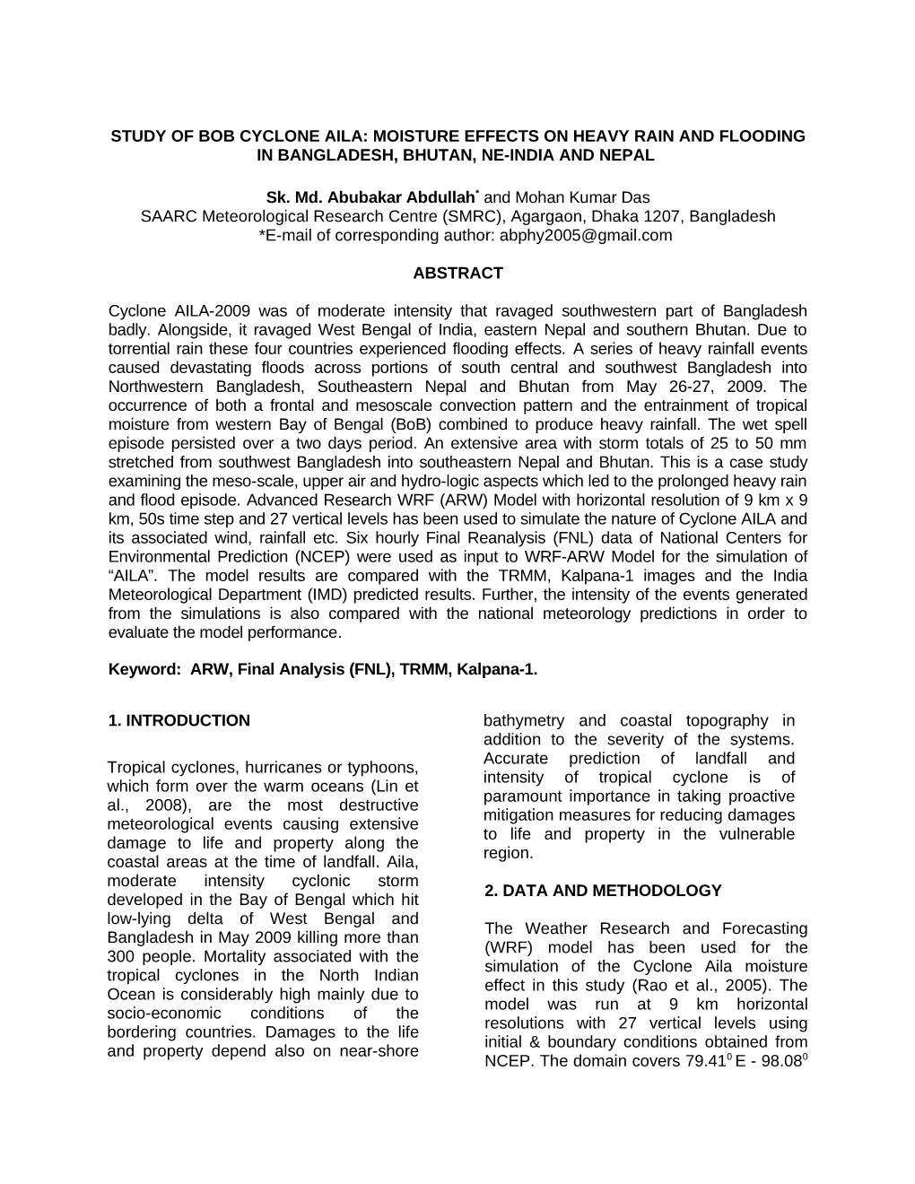 Study of Bob Cyclone Aila: Moisture Effects on Heavy Rain and Flooding in Bangladesh, Bhutan, Ne-India and Nepal