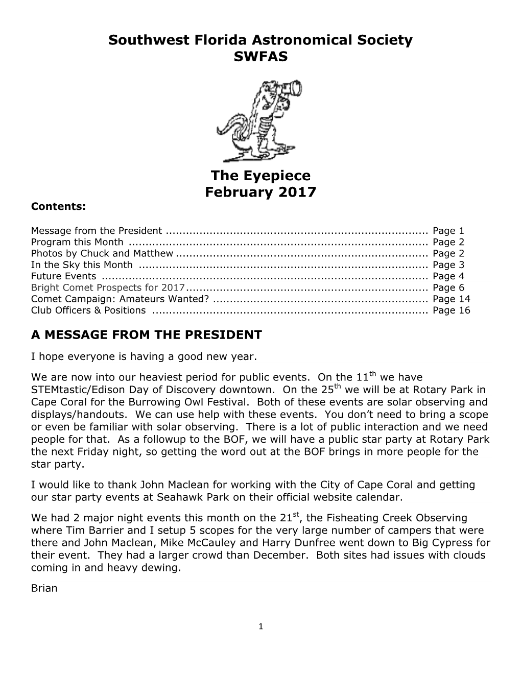 Southwest Florida Astronomical Society SWFAS the Eyepiece