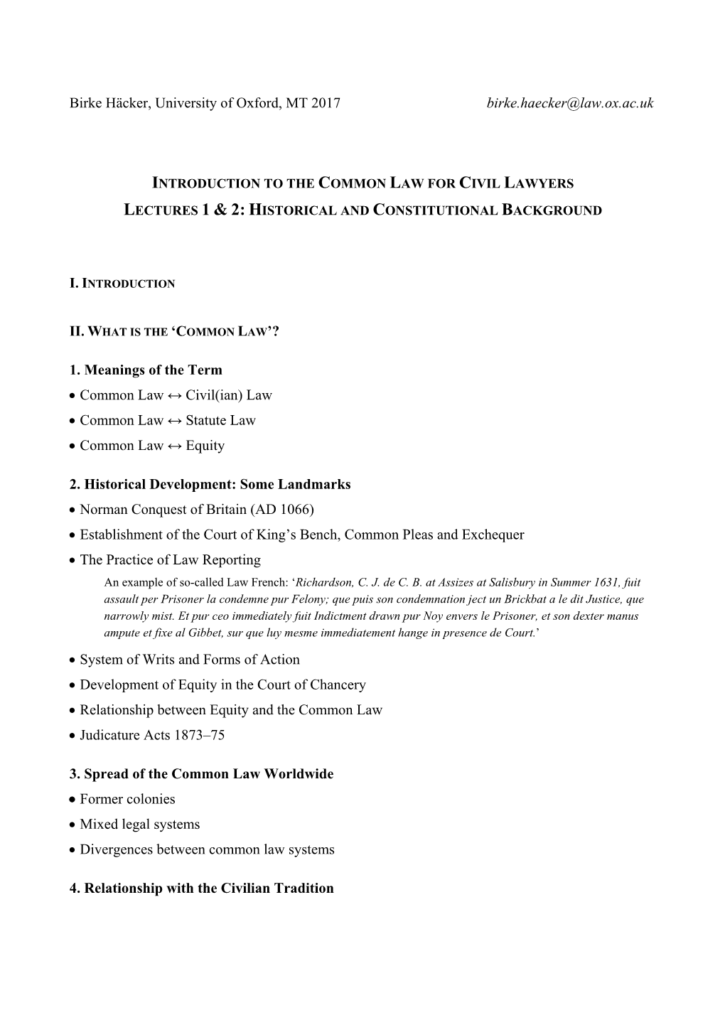 Introduction to the Common Law for Civil Lawyers Lectures 1 & 2