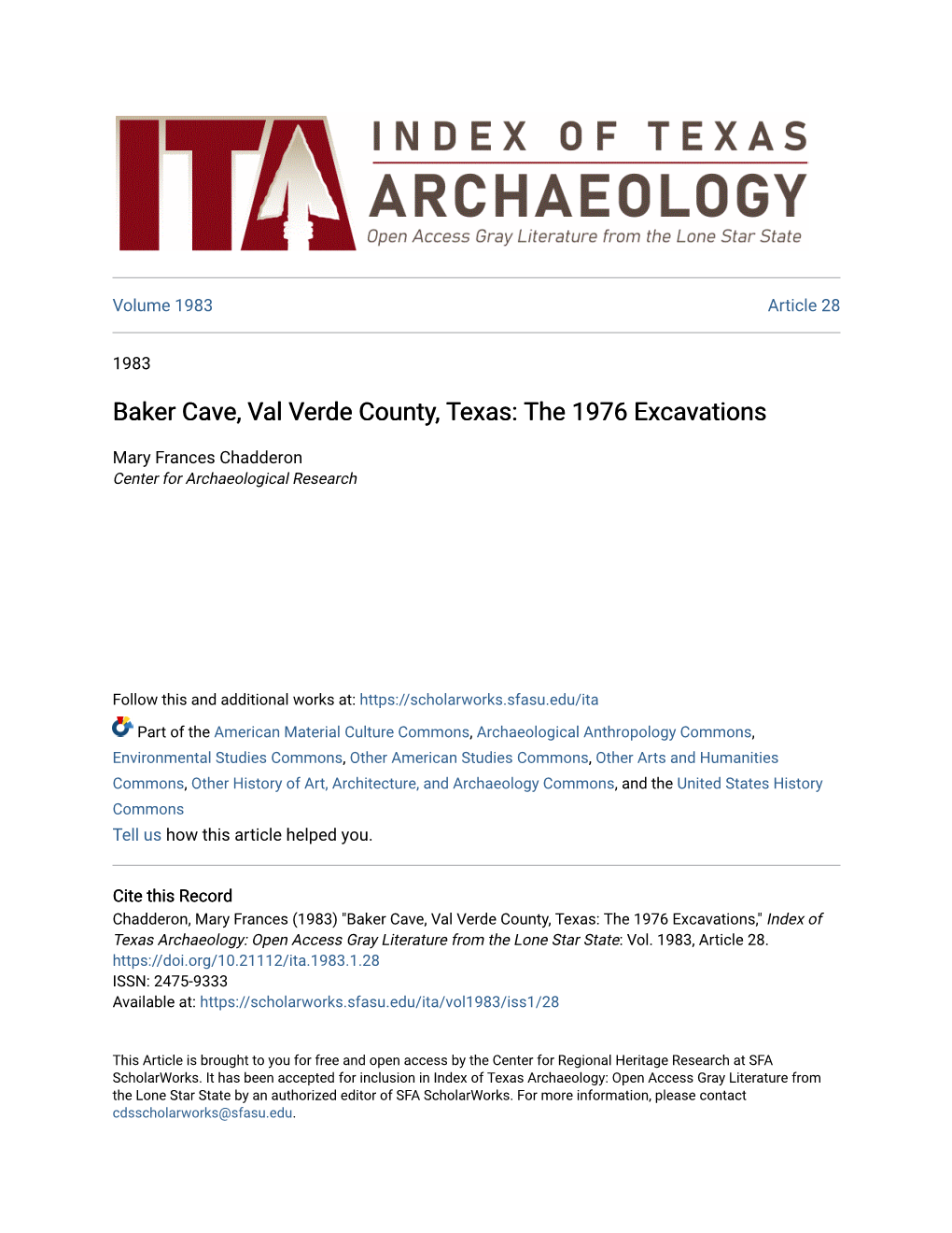 Baker Cave, Val Verde County, Texas: the 1976 Excavations