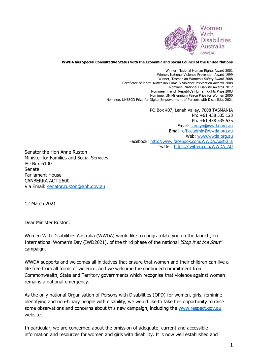 Senator the Hon Anne Ruston Minister for Families and Social Services PO Box 6100 Senate Parliament House CANBERRA ACT 2600 Via Email: Senator.Ruston@Aph.Gov.Au