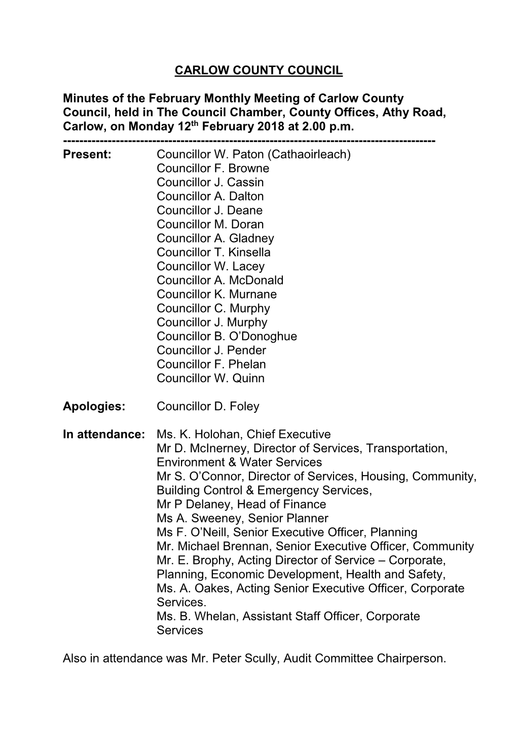 Minutes Carlow County Council February 2018