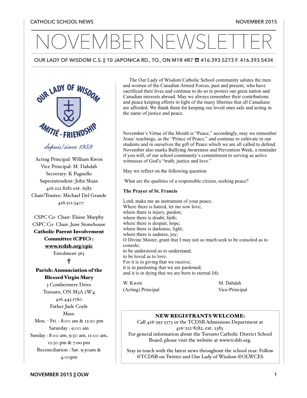 November 2015 November Newsletter Our Lady of Wisdom C.S