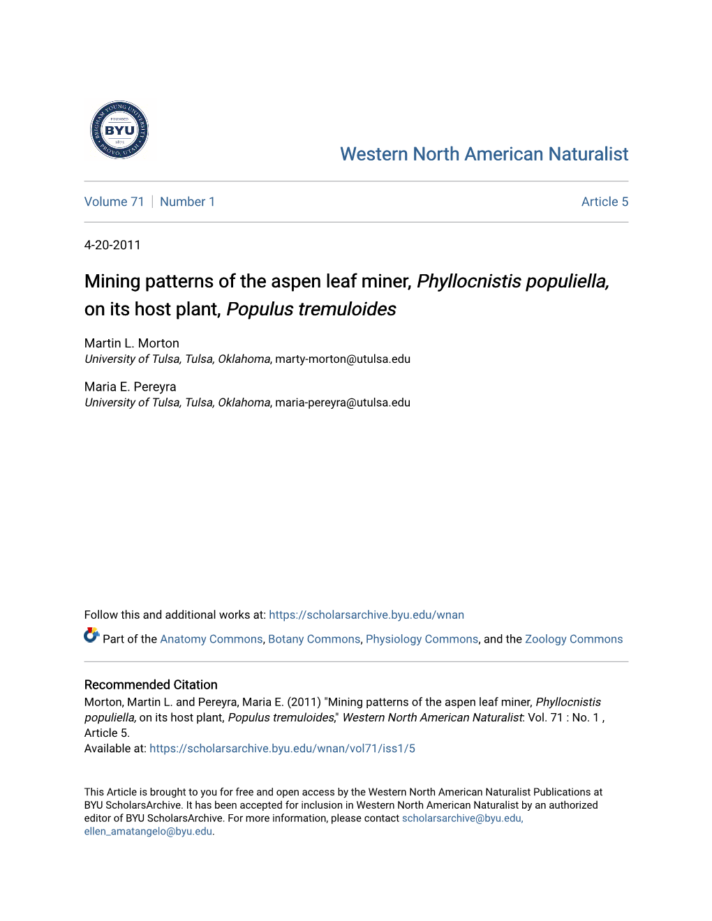 Mining Patterns of the Aspen Leaf Miner, Phyllocnistis Populiella, on Its Host Plant, Populus Tremuloides