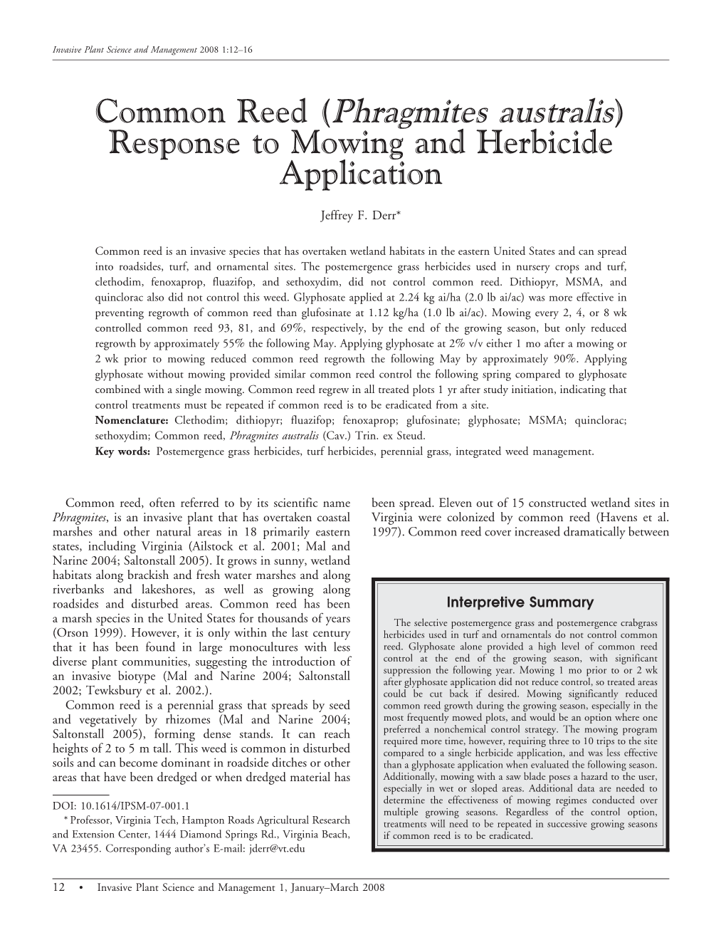 (Phragmites Australis) Response to Mowing and Herbicide Application